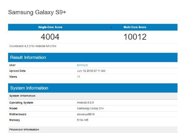 GeekBench跑分:Exynos 9810处理器单核性能超4000分