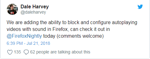 Firefox新增配置选项，可让带声音的视频不自动播放