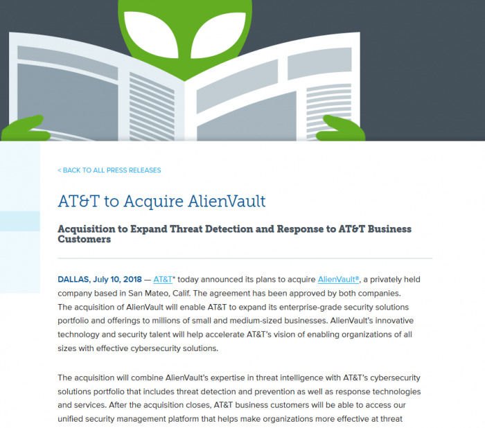 AT&T收购网络安全初创企业AlienVault 第三季度完成交易
