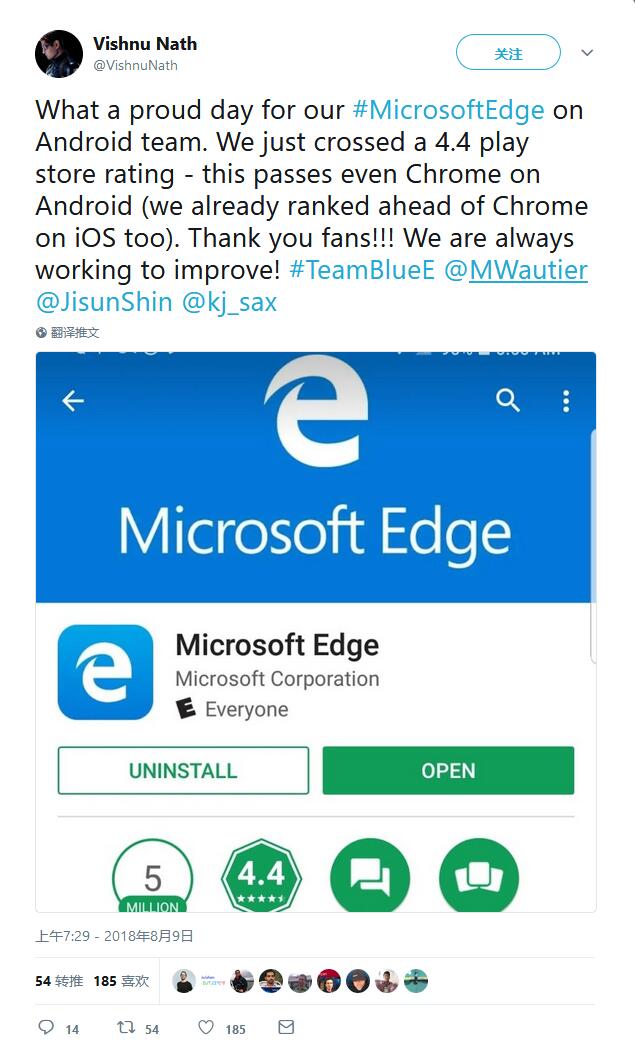 微软:Edge浏览器评分已超Google Chrome