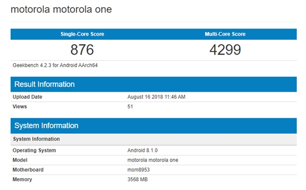 摩托罗拉新机亮相跑分网站：代号motorola one