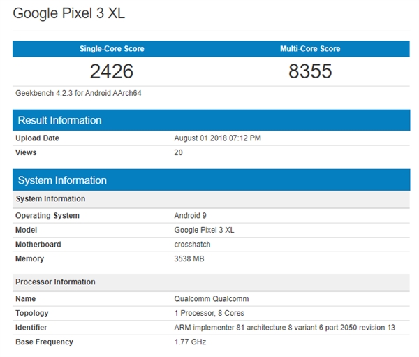 Google Pixel 3 XL亮相Geekbench：单核跑分2426