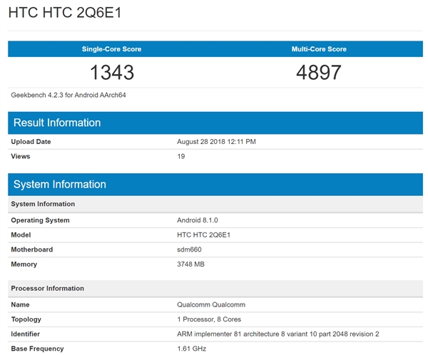 HTC新机亮相跑分网站：或是U12 Life