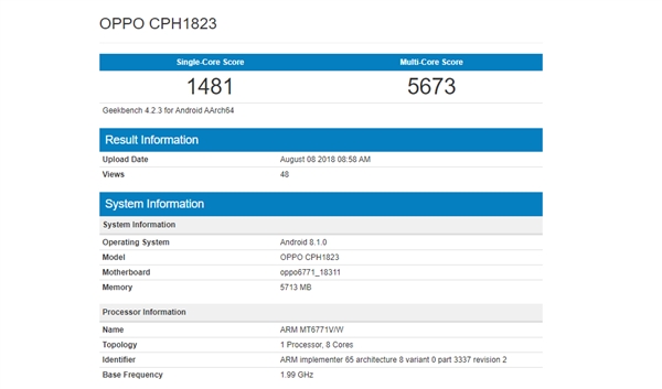 OPPO F9亮相GeekBench：单核心跑分1481