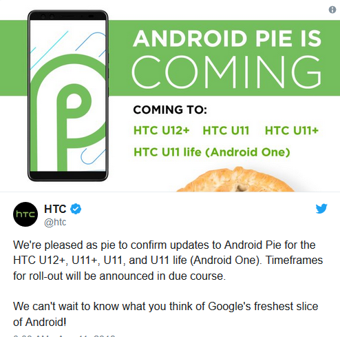 HTC四款机型将提供Android 9.0 Pie系统更新