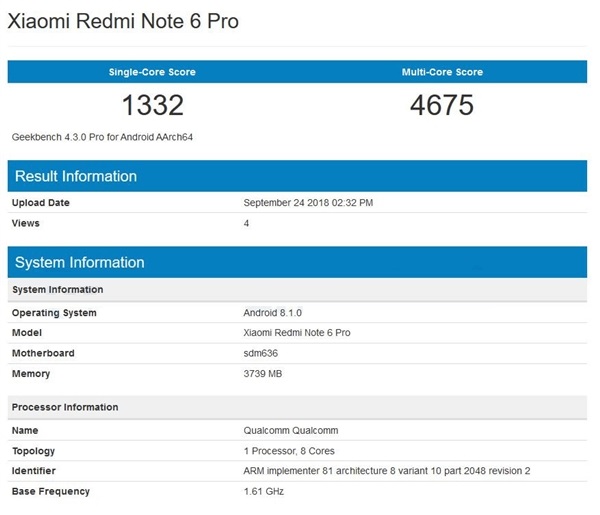 红米Note 6 Pro亮相Geekbench:单核1332,多核4675