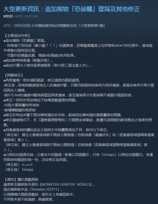 《怪物猎人：世界》Steam版追加新怪物恐暴龙