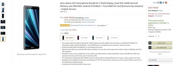 索尼Xperia XZ3德国亚马逊平台上架:799欧元