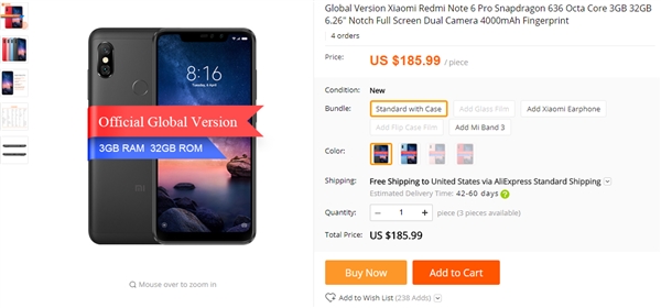 红米Note 6 Pro上架国外购物平台：售价1300元