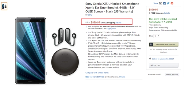 索尼Xperia XZ3美国开售:售价899.99美元