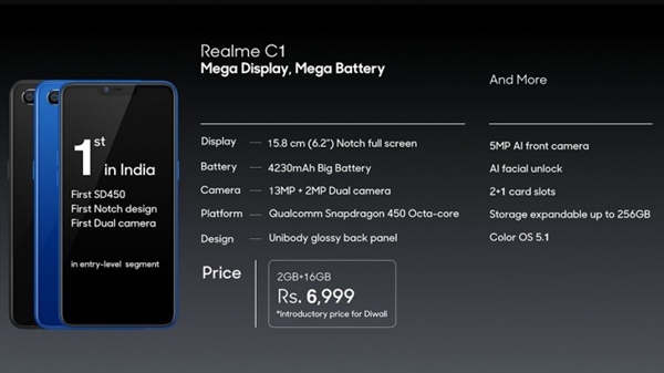 Realme C1正式上线：搭载高通骁龙450处理器