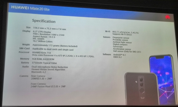 华为推Mate 20 Lite:6.3寸刘海屏