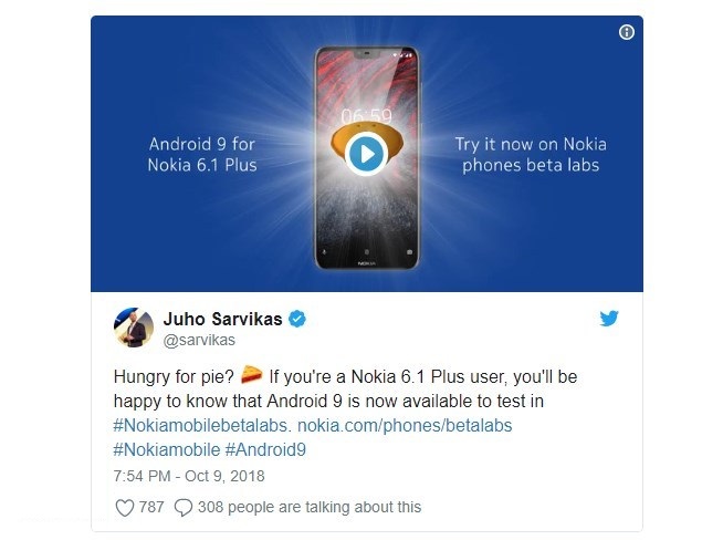 诺基亚6.1Plus迎来Android 9 Pie测试版更新