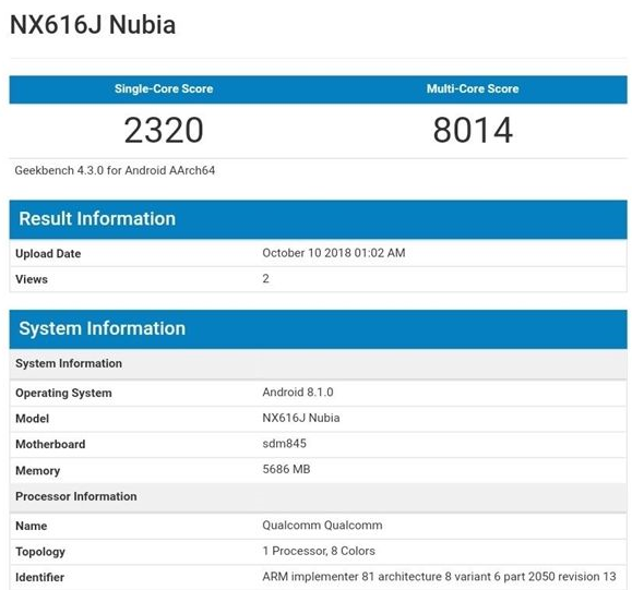 努比亚旗下新移动设备泄露:用上骁龙845