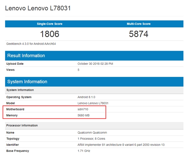 联想Z5 Pro登录GeekBench：详细规格了解下！