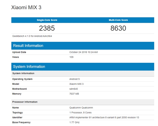小米MIX 3登录GeekBench：能运行5G网络、10G内存
