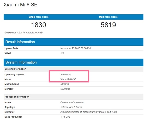 小米8 SE已基于Android Q系统进行测试