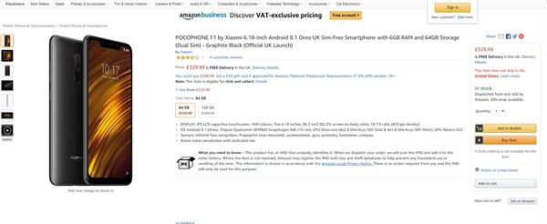 小米POCOPHONE F1亮相英国：329.99英镑起售