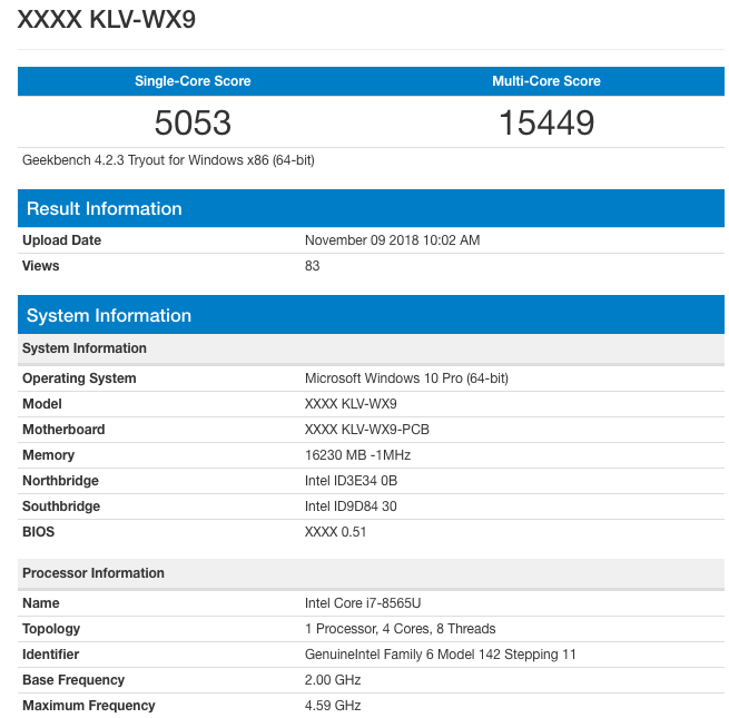华为MateBook 13亮相GeekBench：搭载i7-8565U处理器