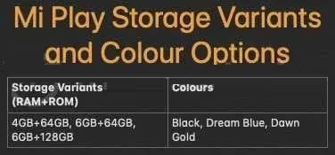 小米Play将提供4+64GB、6+64GB和6+128GB三种配置