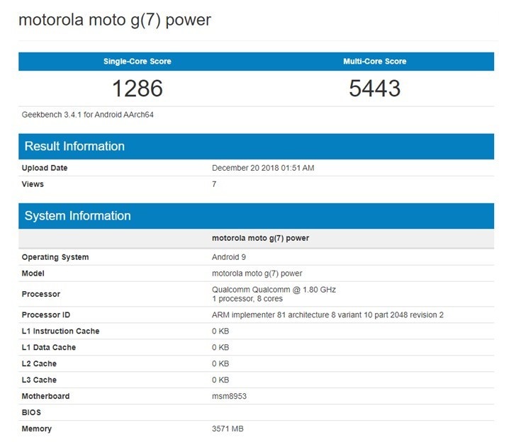 Moto G7 Power亮相Geekbench：单核跑分1286