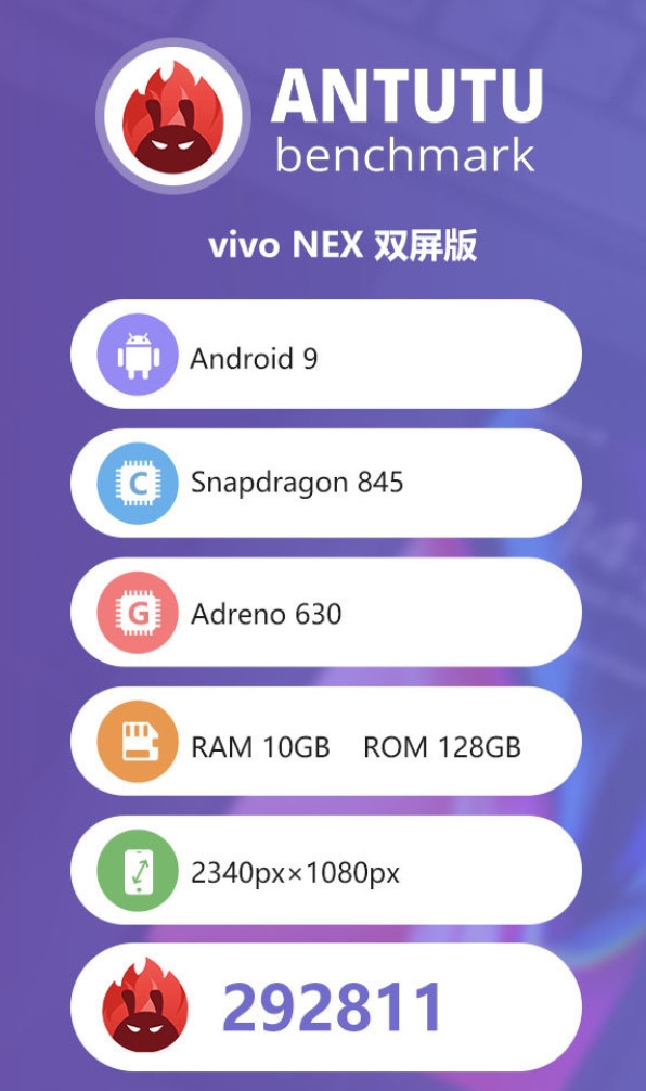 vivo NEX双屏版跑分成绩出炉：292811分