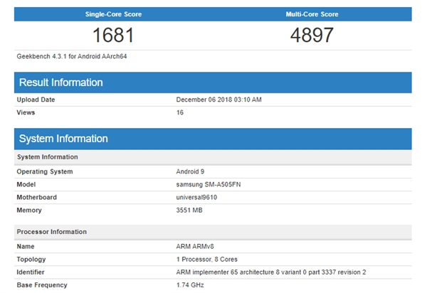三星Galaxy A50亮相跑分库：单核1681分
