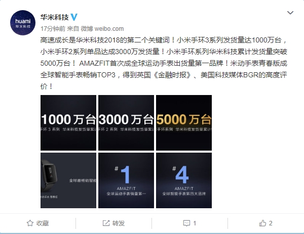 小米手环3系列发货量已达1000万台