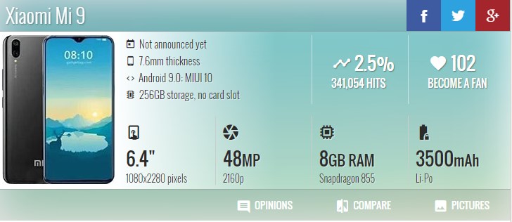 小米9全配置信息曝光：整体屏占比很高