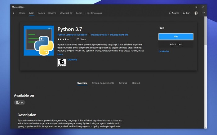 Python 3.7亮相微软商店，尚在评估阶段