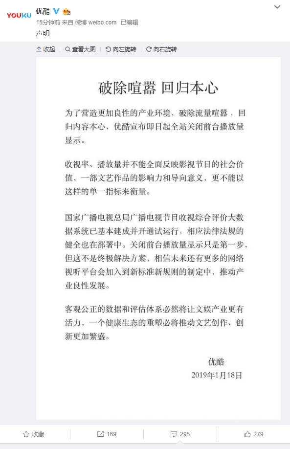 优酷：即日起全站关闭前台播放量显示