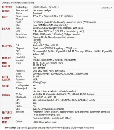 小米9全配置信息曝光：整体屏占比很高