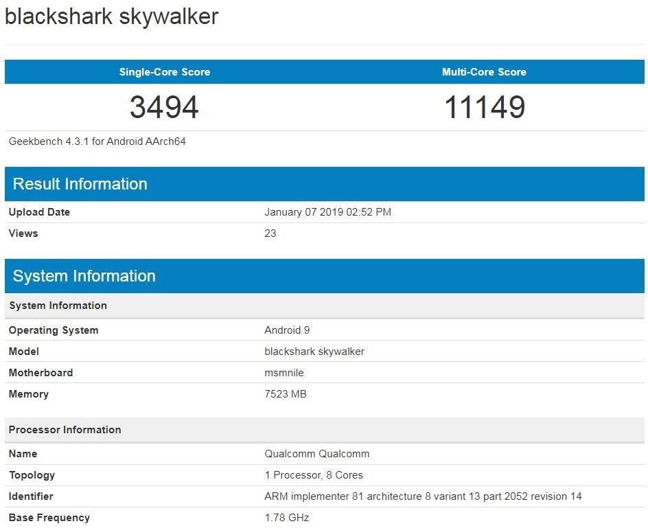 黑鲨新机亮相Geekbench：8GB内存，安卓9系统