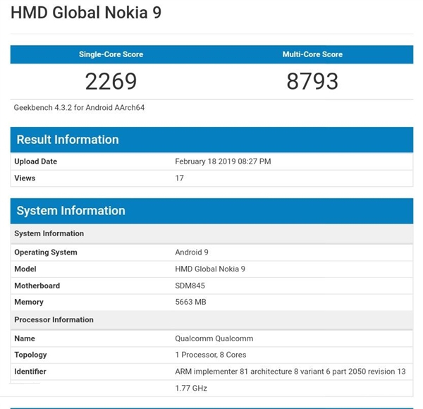 诺基亚9 PureView亮相GeekBench：搭载骁龙845