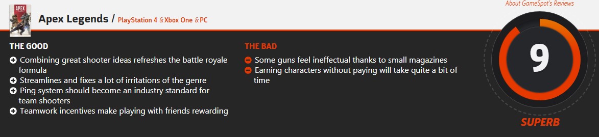 《Apex英雄》各平台评分出炉：IGN给出9.0分
