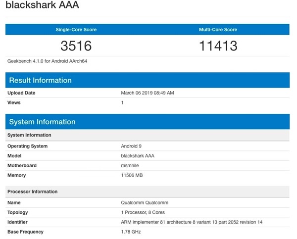 黑鲨游戏手机2代跑分出炉：单核3516、多核11413