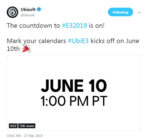 育碧E3发布会定于6月11日正式召开！