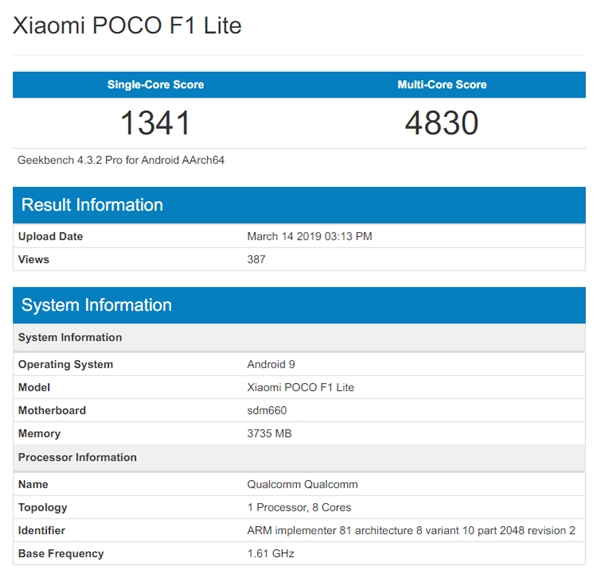 Pocophone F1 Lite亮相跑分库：骁龙660
