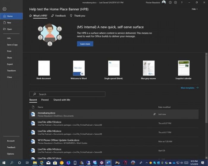 微软给Office测试Home Place Banner  加入更多通知和交互内容