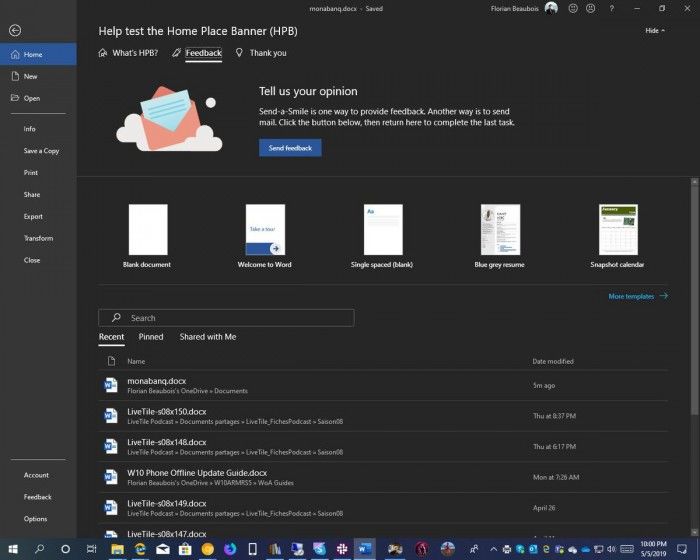 微软给Office测试Home Place Banner  加入更多通知和交互内容