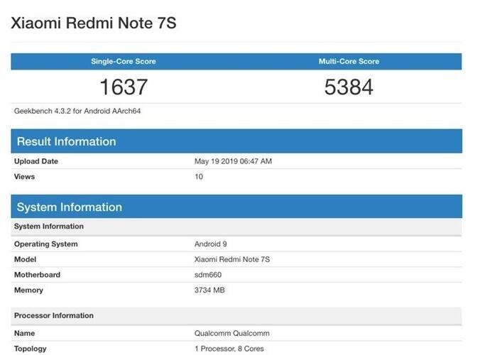 传红米Redmi Note 7S跑分单核达1637