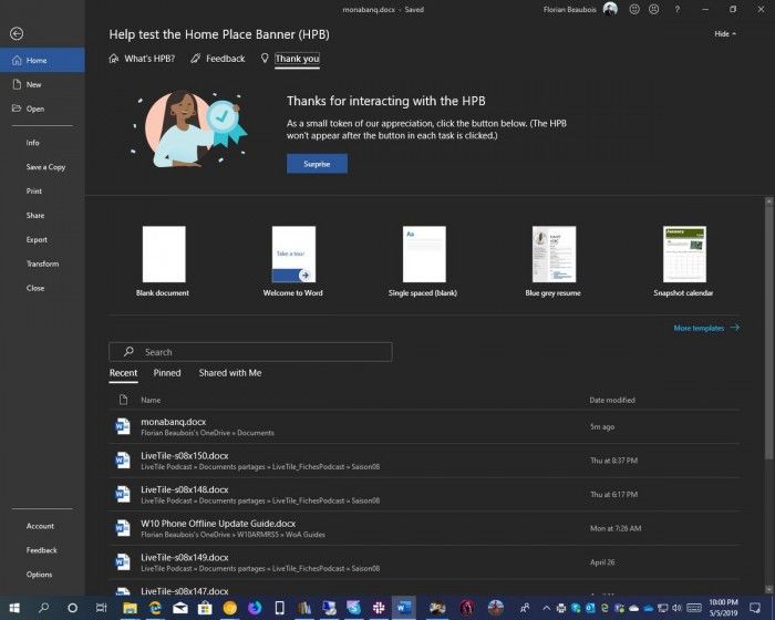 微软给Office测试Home Place Banner  加入更多通知和交互内容