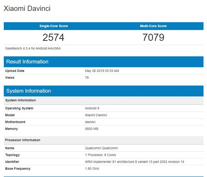 小米新品出现在GeekBench 叫Davinci