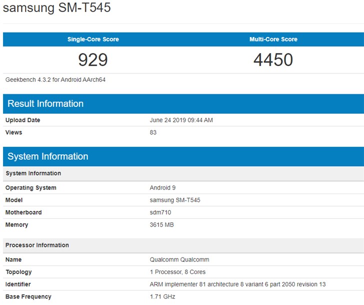 三星平板SM-T545出现在Geekbench 多核跑分4450