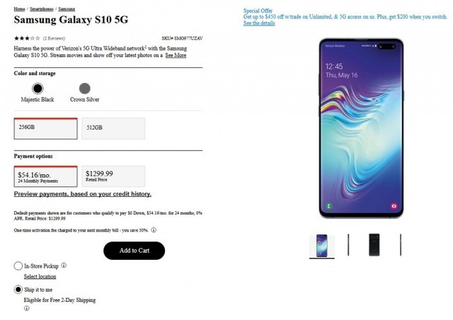 三星S10 5G版现身美国：1299.99美元起