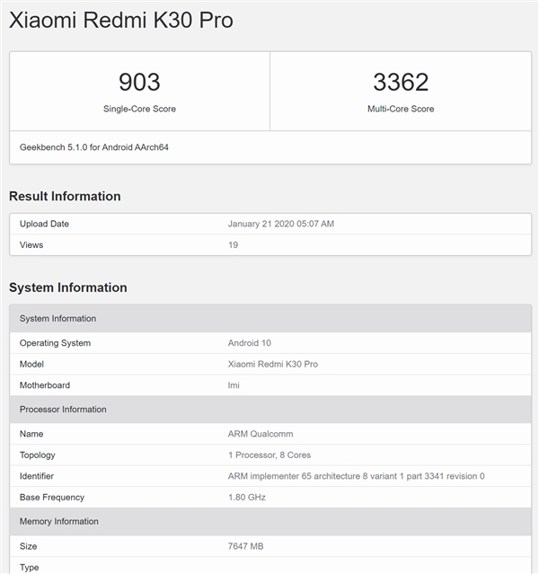 新机Redmi K30 Pro出现在GeekBench：用上骁龙865