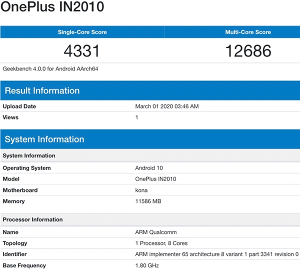 一加8 Pro 5G GeekBench跑分出炉：多核12686 单核4331