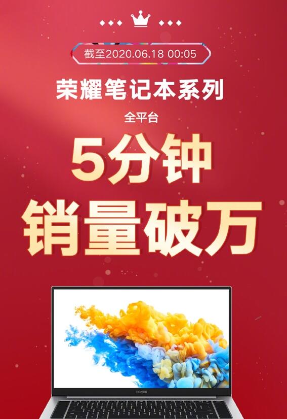 荣耀发出618战报:笔记本5分钟销量过万