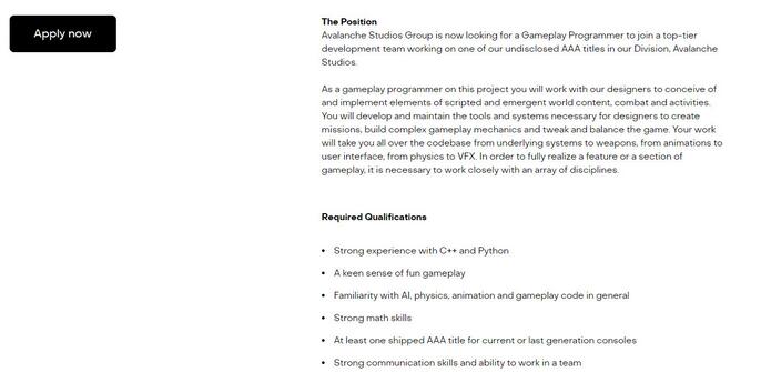 雪崩正同时开发多个游戏 其中包含一个最大的3A项目