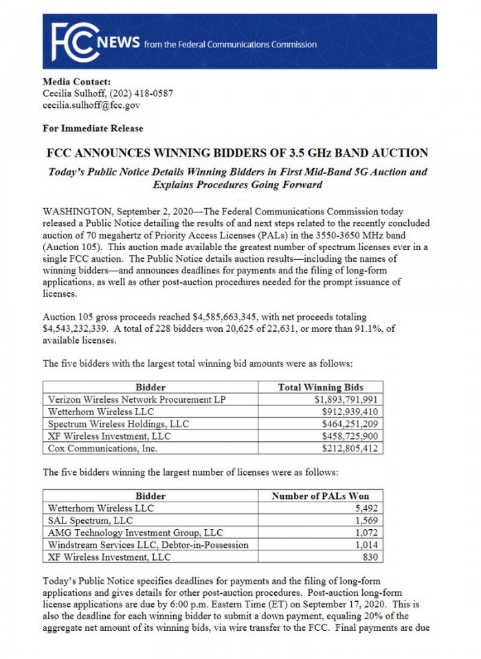 美国最大电信运营商Verizon以19亿美元购买5G频谱